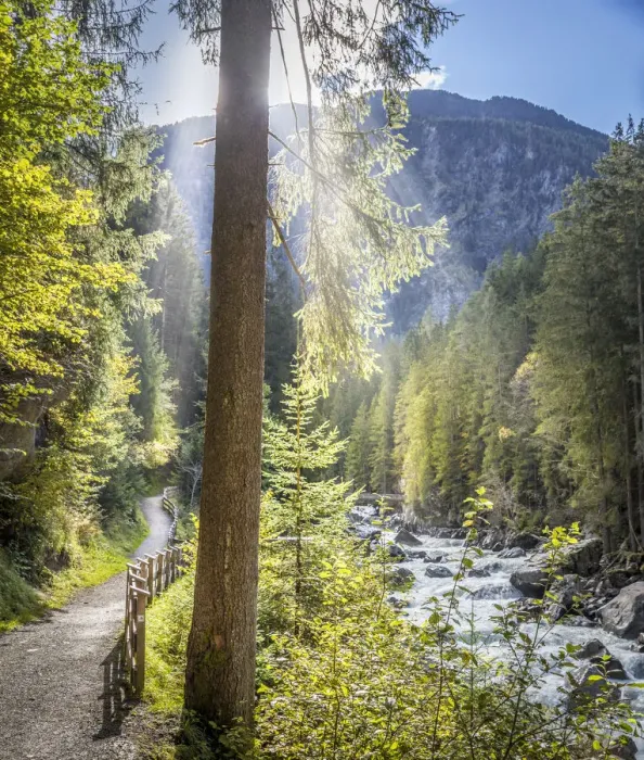 Framed Print : Hiking trail on the stream Ache in the Oetz valley, Oetz, Tyrol, Austria
