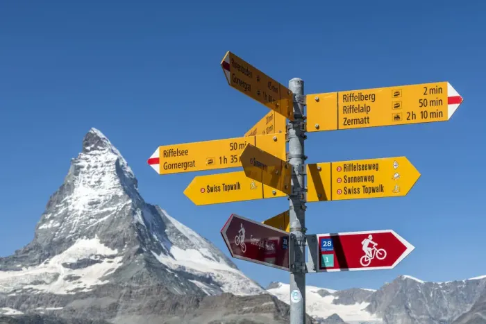 Framed Print : Hiking trails signpost with Matterhorn in the background, Zermatt, Valais, Switzerland Framed Print : Hiking trails signpost with Matterhorn in the background, Zermatt, Valais, Switzerland