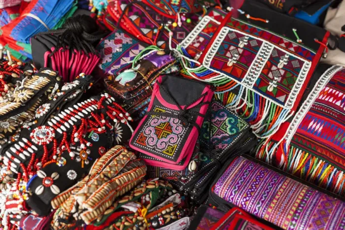 Framed Print : Hill-tribe craft work for sale in market, Kyaing Tong, Golden Triangle, Myanmar, (Burma) Framed Print : Hill-tribe craft work for sale in market, Kyaing Tong, Golden Triangle, Myanmar, (Burma)