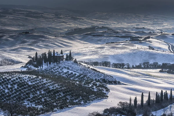 hills under the snow, Val d Orcia, San Quirico, Siena, Tuscany, Italy