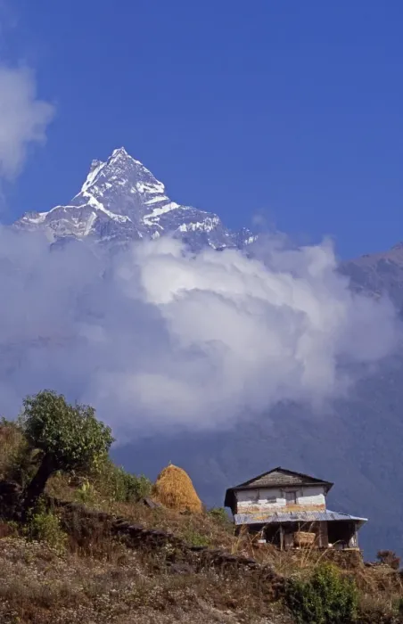 Framed Print : Hillside house with the fishtail peak of Machhapuchhare 6 Framed Print : Hillside house with the fishtail peak of Machhapuchhare 6