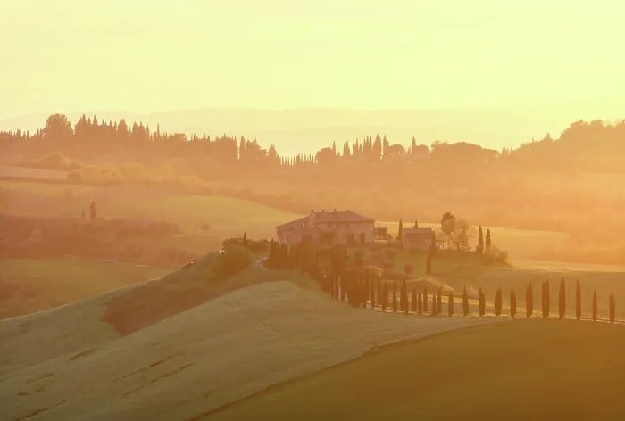 Framed Print : Hilltop farmhouse at sunset, Asciano, Crete senesi, Tuscany, Italy Framed Print : Hilltop farmhouse at sunset, Asciano, Crete senesi, Tuscany, Italy