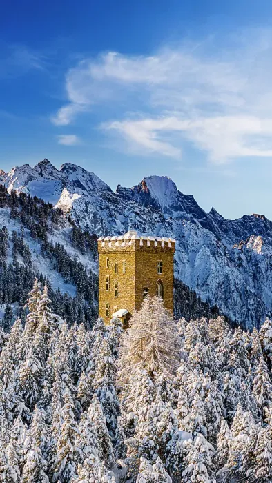 Framed Print : Historic Belvedere tower covered with snow, Maloja, Bregaglia, Graubunden canton, Engadin, Switzerland Framed Print : Historic Belvedere tower covered with snow, Maloja, Bregaglia, Graubunden canton, Engadin, Switzerland