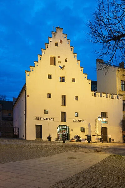 Historic building named Solnice on Piaristicke namesti at twilight, Ceske Budejovice, South Bohemian Region, Czech Republic