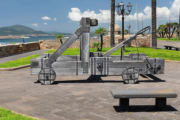 Historic catapult on the citiy wall of Alghero, Sassari province, Sardinia, Italy