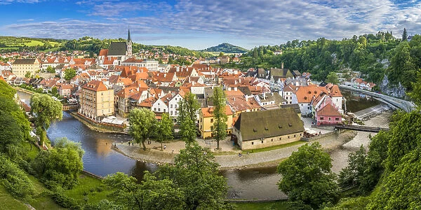 Historic center of Cesky Krumlov as seen from The Castle and Chateau, Cesky Krumlov, South Bohemian Region, Czech Republic