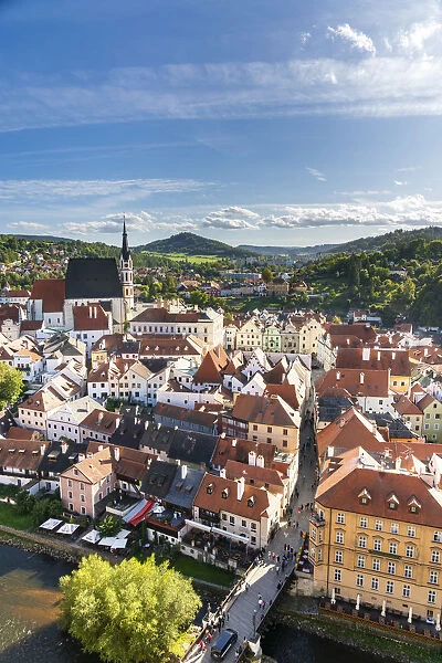 Historic center of Cesky Krumlov as seen from the Castle Tower, Cesky Krumlov, South Bohemian Region, Czech Republic