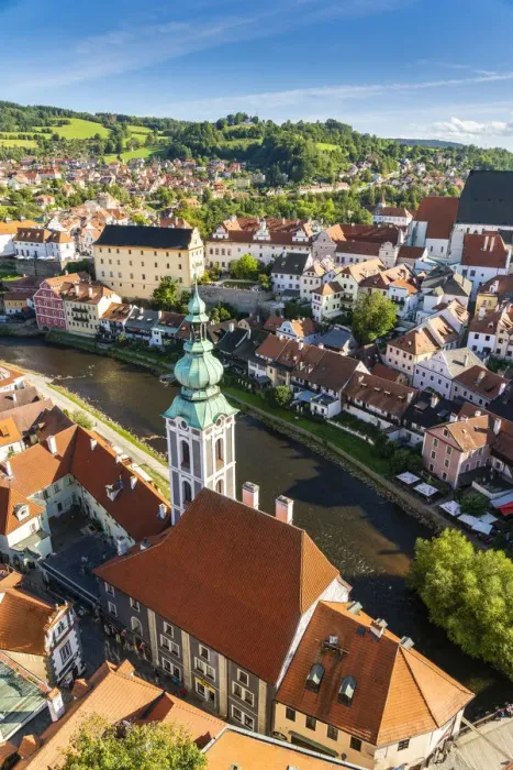 Framed Print : Historic center of Cesky Krumlov and St. Jost Church as seen from the Castle Tower, Cesky Krumlov, South Bohemian Region, Czech Republic Framed Print : Historic center of Cesky Krumlov and St. Jost Church as seen from the Castle Tower, Cesky Krumlov, South Bohemian Region, Czech Republic
