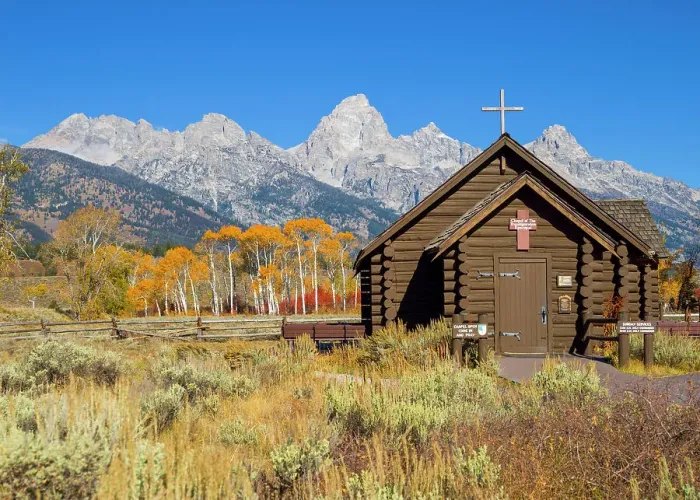 Framed Print : Historic Church of the Transfiguration, Historic District, typical Scene in Autumn with Grand Teton Mountain Range Grand Teton National Park Wyoming, USA Framed Print : Historic Church of the Transfiguration, Historic District, typical Scene in Autumn with Grand Teton Mountain Range Grand Teton National Park Wyoming, USA