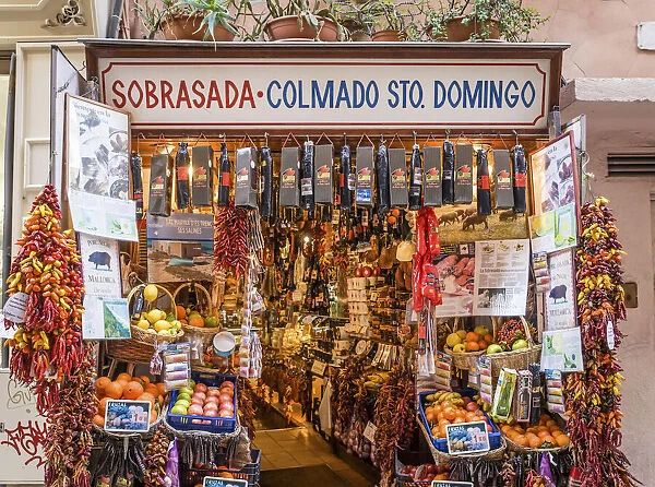 Historic grocery store with sausages in the old town of Palma de Mallorca, Mallorca