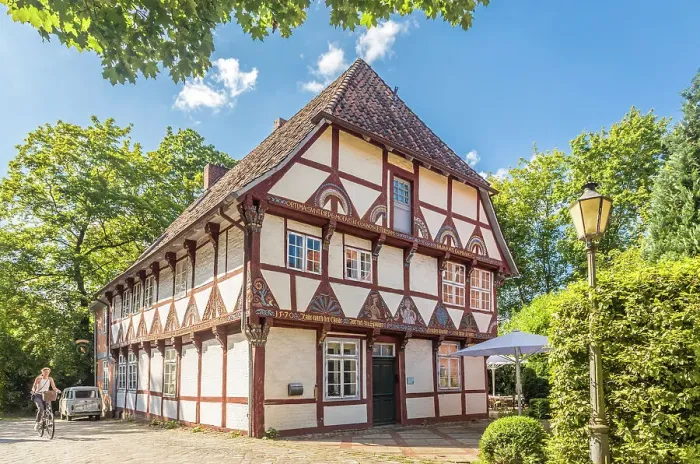 Framed Print : Historic guest house Klosterkrug at the Lune Monastery, Luneburg, Lower Saxony, Germany