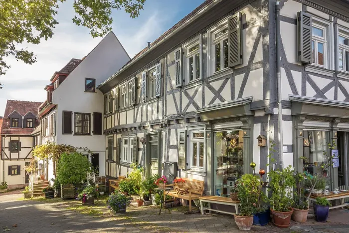 Framed Print : Historic half-timbered houses in the old town of Bad Homburg, Taunus, Hesse, Germany