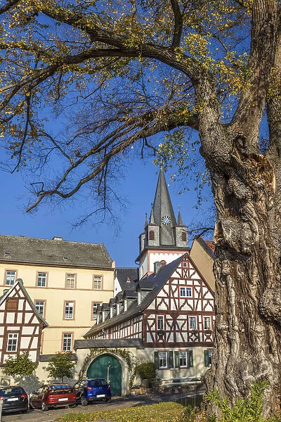 Historic half-timbered houses on the promenade of Oestrich, Rheingau, Hesse, Germany