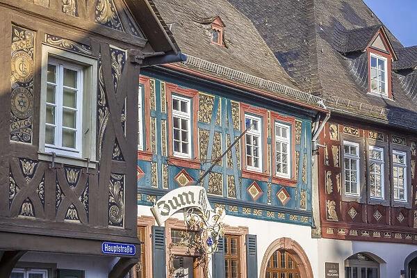 Historic half-timbered houses in the wine village of Hattenheim, Rheingau, Hesse, Germany