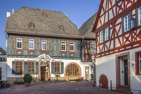 Historic half-timbered houses in the wine village of Hattenheim, Rheingau, Hesse, Germany