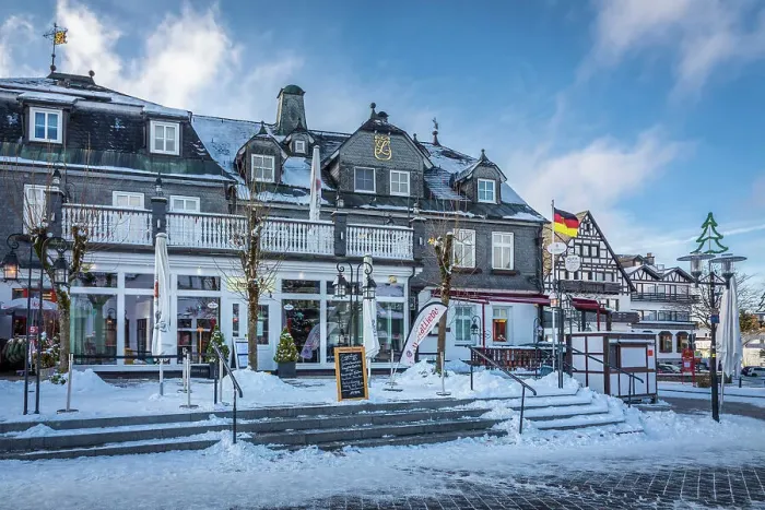Framed Print : Historic hotel on the market square of Winterberg, Sauerland, North Rhine-Westphalia, Germany