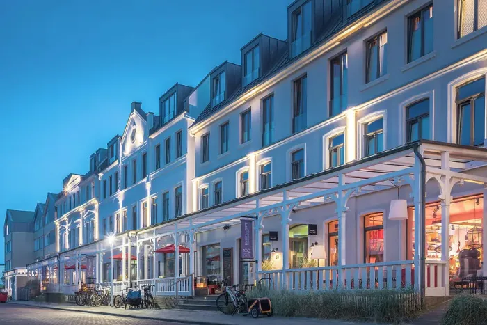 Framed Print : Historic hotels on the western beach of Norderney at blue hour, East Frisian Islands, East Frisia, Lower Saxony, Germany Framed Print : Historic hotels on the western beach of Norderney at blue hour, East Frisian Islands, East Frisia, Lower Saxony, Germany