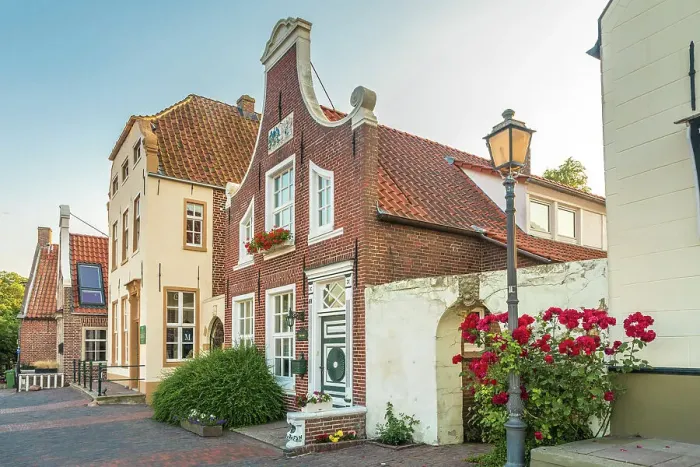 Framed Print : Historic houses at the harbor in Greetsiel, East Frisia, Lower Saxony, Germany