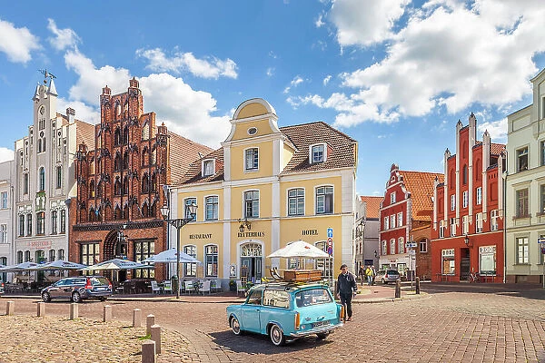 Historic houses on the market square in the old town of Wismar, Mecklenburg-Western Pomerania, Baltic Sea, Northern Germany, Germany
