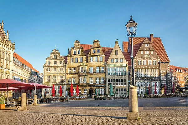 Historic houses on the market square at sunrise, Bremen, Germany