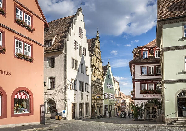 Historic houses in Oberen Schmiedgasse in the old town of Rothenburg ob der Tauber