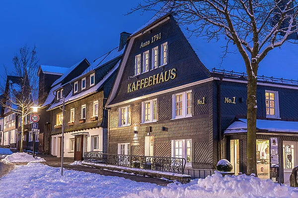 Historic houses in the old town of Winterberg on a winter evening, Sauerland, North Rhine-Westphalia, Germany