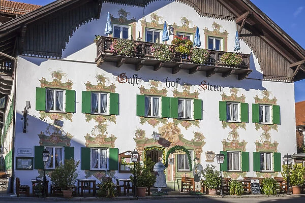 Historic inn with traditional facacde painting in Unterammergau, Upper Bavaria, Allgaeu, Bavaria, Germany