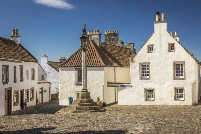 Framed Print : Historic market square with market cross in the village of Culross, Fife, Scotland Framed Print : Historic market square with market cross in the village of Culross, Fife, Scotland
