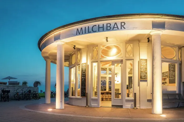 Framed Print : Historic milk bar from 1935 on the western beach of Norderney at blue hour, East Frisian Islands, East Frisia, Lower Saxony, Germany Framed Print : Historic milk bar from 1935 on the western beach of Norderney at blue hour, East Frisian Islands, East Frisia, Lower Saxony, Germany