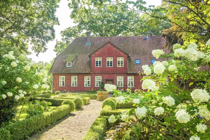 Framed Print : Historic Muellern Hof in the village of Mueden (Oertze), Luneburg Heath, Lower Saxony, Germany