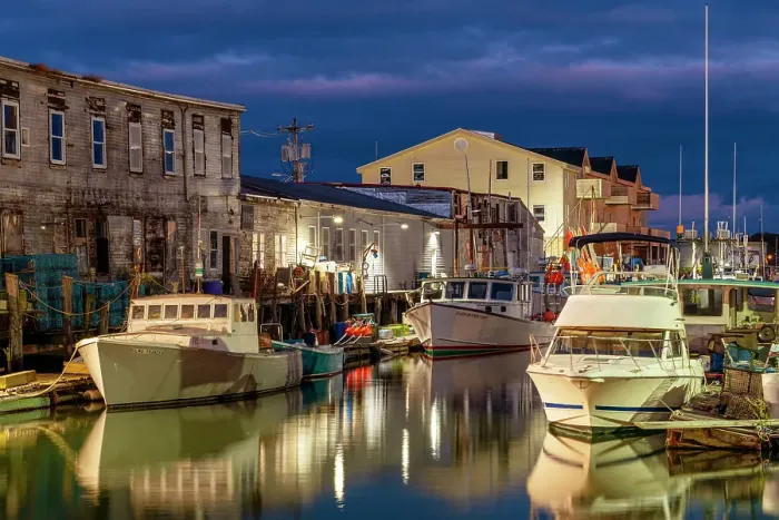 Framed Print : Historic Old Port and Fish Market at Night Portland Maine, New England, USA Framed Print : Historic Old Port and Fish Market at Night Portland Maine, New England, USA