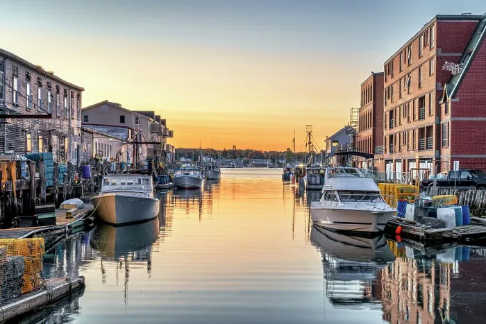 Framed Print : Historic Old Port and Fish Market at Sunrise Portland Maine, New England, USA Framed Print : Historic Old Port and Fish Market at Sunrise Portland Maine, New England, USA