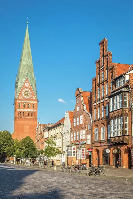 Framed Print : Historic square Am Sande with St. Johannis Church in the old town, Luneburg, Lower Saxony, Germany