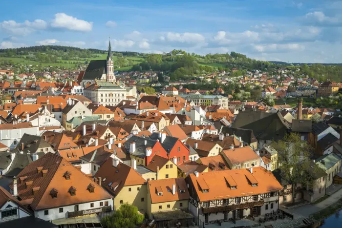 Framed Print : Historic town of Cesky Krumlov on sunny day, South Bohemian Region, Czech Republic
