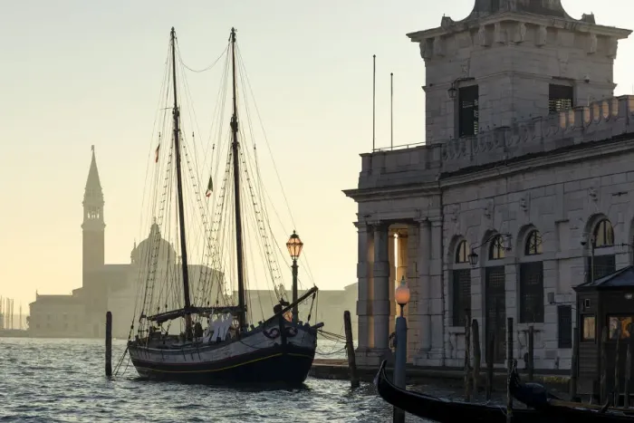 Framed Print : Historic trabaccolo boat at Punta della Dogana with San Giorgio Maggiore Island in Framed Print : Historic trabaccolo boat at Punta della Dogana with San Giorgio Maggiore Island in