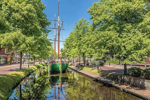 Historical cargo glider Margaretha on the main canal in the old town of Papenburg, Emsland, Lower Saxony, Germany