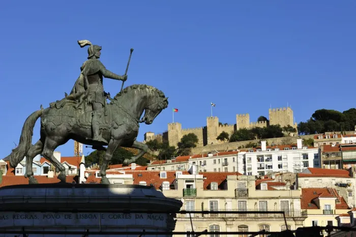 Framed Print : The historical centre and the Sao Jorge castle, with King Dom Joao I equestrian statue Framed Print : The historical centre and the Sao Jorge castle, with King Dom Joao I equestrian statue