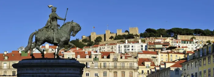 Framed Print : The historical centre and the Sao Jorge castle, with King Dom Joao I equestrian statue Framed Print : The historical centre and the Sao Jorge castle, with King Dom Joao I equestrian statue