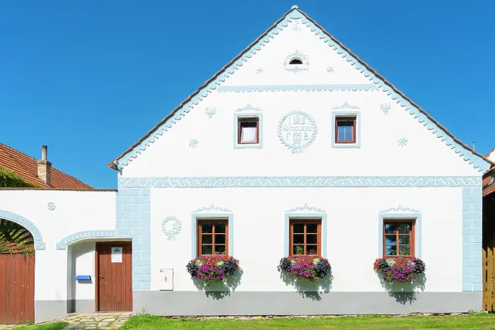 Framed Print : Historical house at Holasovice Historal Village Reservation. They represent rural baroque style, UNESCO, Holasovice, South Bohemian Region, Czech Republic