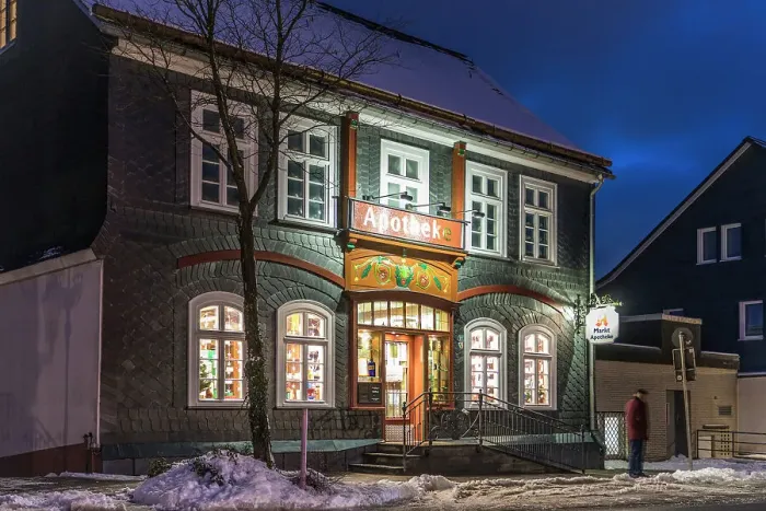 Framed Print : Historical pharmacy in the old town of Winterberg on a winter evening, Sauerland, North Rhine-Westphalia, Germany Framed Print : Historical pharmacy in the old town of Winterberg on a winter evening, Sauerland, North Rhine-Westphalia, Germany