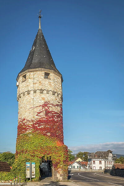 Historical tower at the Ritter-von-Marx-Bridge in Bad Homburg vor der Hoehe, Taunus, Hesse, Germany