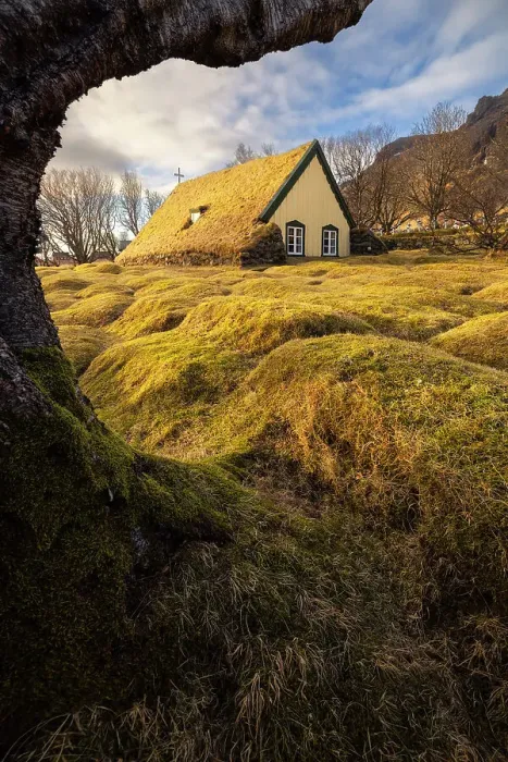 Framed Print : Hofskirkja church at sunset during autumn, Hof, Oraefi, Iceland Framed Print : Hofskirkja church at sunset during autumn, Hof, Oraefi, Iceland