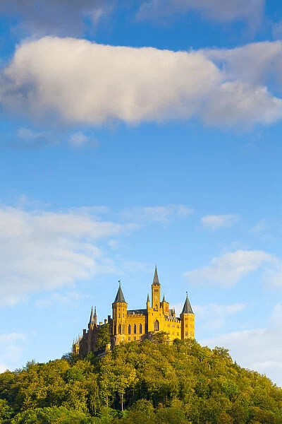 Hohenzollern Castle illuminated at sunset, Swabia, Baden Wuerttemberg, Germany, RF