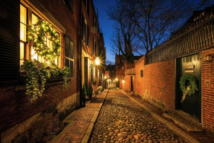 Framed Print : Holiday decors on Acorn Street, Boston, Massachusetts, USA Framed Print : Holiday decors on Acorn Street, Boston, Massachusetts, USA