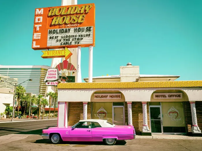 Framed Print : Holiday House Motel with Wedding Chappel included Famous Las Vegas Strip and Boulevard Las Vegas, Nevada, Clark County USA Framed Print : Holiday House Motel with Wedding Chappel included Famous Las Vegas Strip and Boulevard Las Vegas, Nevada, Clark County USA