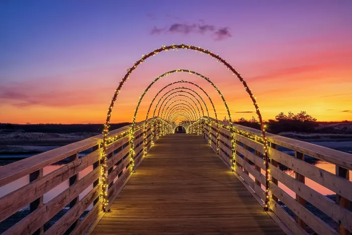 Framed Print : Holiday lights on footbridge, Ogunquit, Maine, USA Framed Print : Holiday lights on footbridge, Ogunquit, Maine, USA