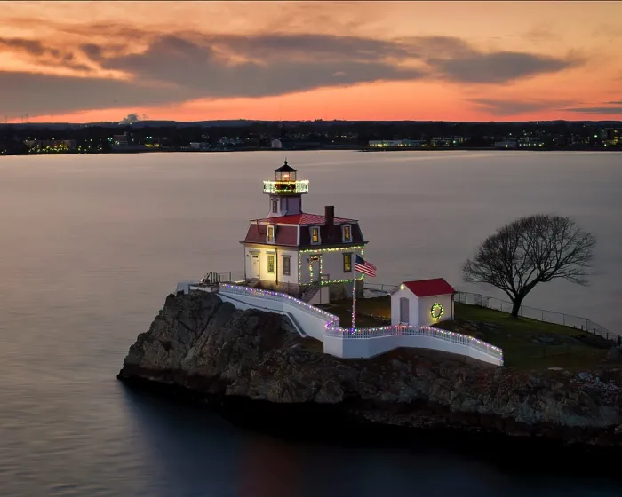 Framed Print : Holiday lights on Pomham Rocks Lighthouse in Providence River, Riverside, Rhode Island, USA
