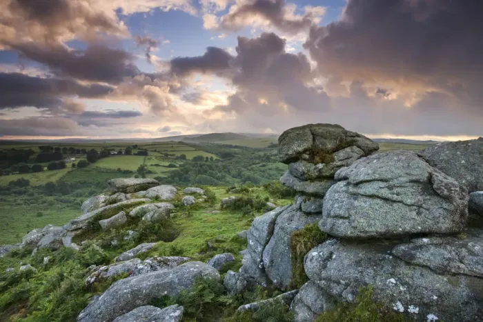 Framed Print : Holwell Tor on a stormy summer evening, Dartmoor National Park, Devon, England. Summer Framed Print : Holwell Tor on a stormy summer evening, Dartmoor National Park, Devon, England. Summer