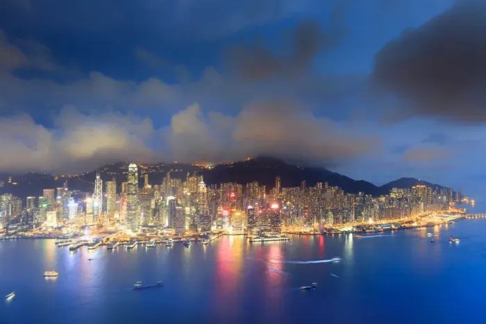 Framed Print : Hong Kong, city overview by night with Victoria harbour and peak in the background Framed Print : Hong Kong, city overview by night with Victoria harbour and peak in the background
