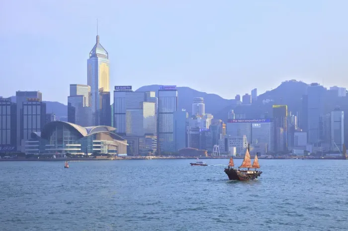 Framed Print : Hong Kong Harbour With Red Sailed Junk, Hong Kong, Special Administrative Region Framed Print : Hong Kong Harbour With Red Sailed Junk, Hong Kong, Special Administrative Region